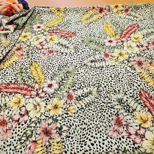 2 Yds Animal Print Flowers Stripe Daisy Crepe De Chine Wildflowers Fabric - Picture 1 of 1