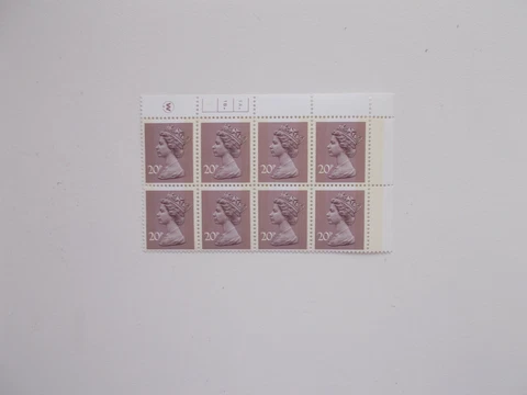 Waddington Litho 20p 2B FCP/PVA Machin Top Right Cylinder Block of 8 1A1B dot p1 Cover