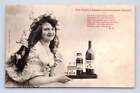 French Girl w Platter of Spirit Bottles "Epsrit de Bois" Antique Wine Postcard