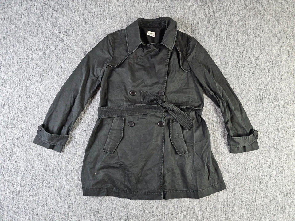 复古 Lacoste 风衣女式 38 黑色腰带 D-Breast 鳄鱼标志 — 第 1/4 张图片
