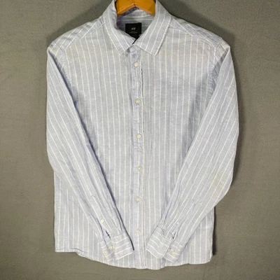 Camisa H&M Para Hombres Calce Ajustado Azul Rayas Manga Larga Con Botones Talla S Foto 1 de 4