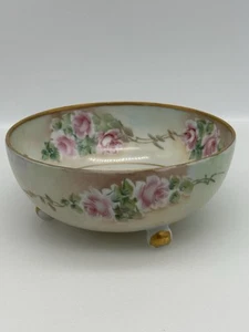 Bavarian Hand Painted Pink Rose & Gold Footed Nut Dish - Picture 1 of 10