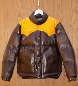 Men s Puffer Jacket Real Lambskin Leather Quilted Bomber Jacket - Dual Color - Picture 1 of 7