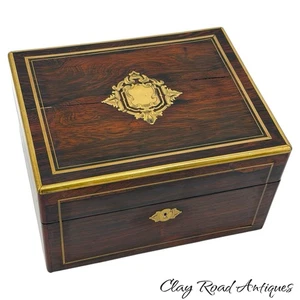 Antique rosewood & brass inlay dresser box document fitted jewelry Victorian - Picture 1 of 24
