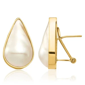 14K Solid Two Tone Gold Saltwater Cultured Mabe Pearl Omega Clip Back Dangle ... - Picture 1 of 11