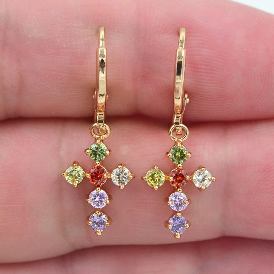 18K Yellow Gold Filled Women Multicolour Topaz Cross Dangle Earrings Jewelry - Imagem 1 de 1