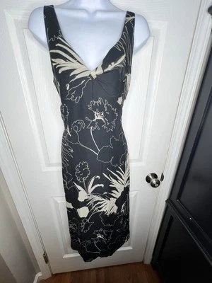 NWOT Max Mara Pura Seta I 42 Black Tan Floral 100% Silk Crepe Midi Dress US 8 - Image 1 of 4