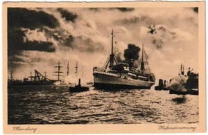 Ansichtskarte Hamburg - Hafenstimmung mit Einfahrt Schiff - schwarz/weiß - Bild 1 von 2