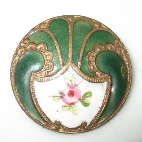 ANTIQUE ART NOUVEAU BUTTON - GREEN CHAMPLEVE ENAMEL & EMAUX PEINT FLOWERS - 7/8" Cover