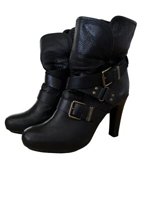 DKNYC Sandra Black Leather Pull On Strappy Buckle Heeled Moto Boots 9.5 EUC!! - Image 1 of 4