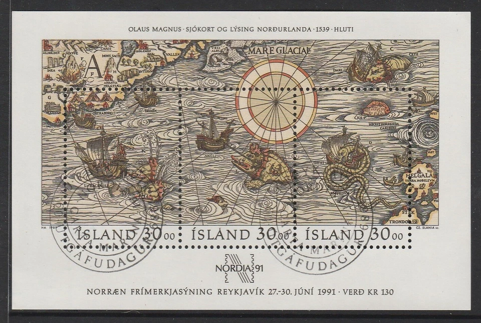 ICELAND 1989 STAMP DAY Miniature sheet F Used - Ancient MAPS , ships. - Image 1 of 1