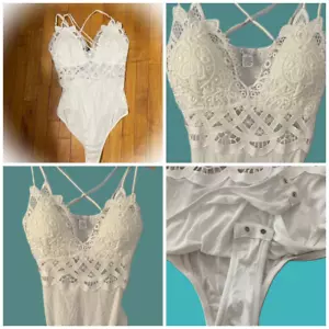 Rue 21 Bodysuit Smocked S White Lace Padded tank cami Fairy Boho Festival New - Picture 1 of 7