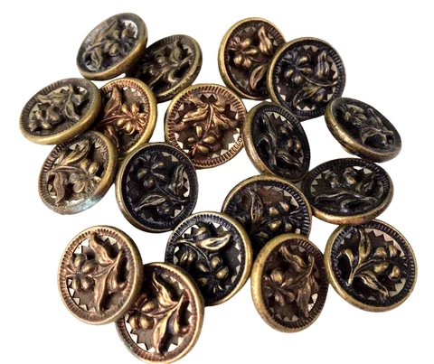 Set of 18 MATCHING Antique Brass Cut-Out Design Floral Flower Buttons / Small Cover