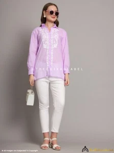 Camisa Chikankari de Algodón Lavanda Drisha Mulmul Lucknow Chikankari Camisa Hecha a Mano - Imagen 1 de 7