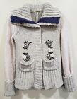 Free People Women's Chunky Cardigan Sweater Beige Blue Embroidered Size XS