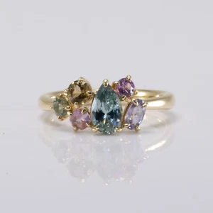 Pear Shape Teal Sapphire Asymmetrical Ring in 18K Yellow Gold - Picture 1 of 6