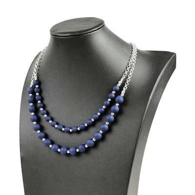 Collar Liz Claiborne Mate Azul Marino Cuentas Tono Plata Doble Fila Foto 1 de 3