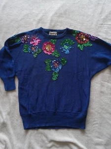 Size 3X, Vintage 1992 Blue Embroidered Batwing Sweater - Picture 1 of 8