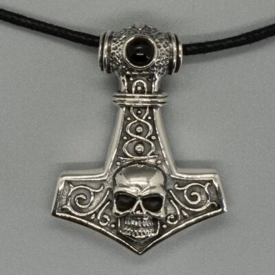 Ciondolo Teschio Di Onice Martello Di Thor In Argento 925 Mjolnir Biker Celtico. - Immagine 1 di 2