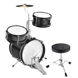 Set batteria completo bambini/ragazzi 3 pezzi 12" kit piatti sgabello e 4 bastoncini nero - Foto 1 di 12