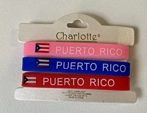 Set of 3 Puerto Rico Flag Silicone Rubber Bracelet - Pink Blue Red - Picture 1 of 2