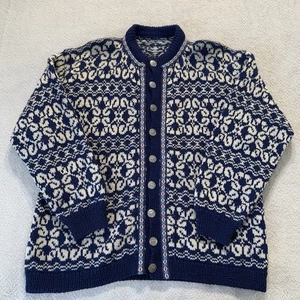 Vtg Unbranded HandKnit Blue/White Pattern Nordic Heavy Wool Cardigan Sweater M/L - Picture 1 of 13