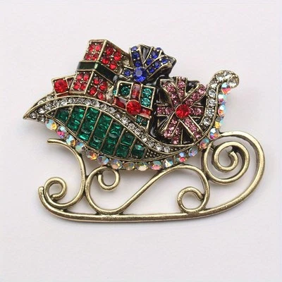 Rhinestone Inlaid Christmas Sled Brooch Green Gemstone High Quality Large Pins - Image 1 of 4