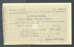 🔴CROACIA, 50 000 Kunas 26-11-1941 XF/AU, BILLETE DEL TESORO SEGUNDA GUERRA MUNDIAL--NDH-USTASHA🔴 - Imagen 1 de 1