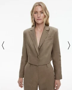 Witchery Size 8 Jacket Green Khaki Cropped Linen Long Sleeve Blazer - Picture 1 of 11