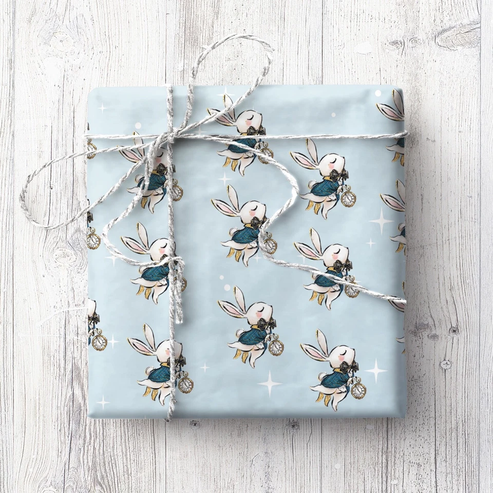 Rabbit, I'm Late Blue Wrapping Paper (2 Sheets) - Easter, Bunny Rabbit, Clock - Image 1 of 1
