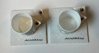 HANKOOK Fine Bone China Tea Cup Saucer 2 Sets KOREAN Characters Triangle Handle - Image 1 of 4