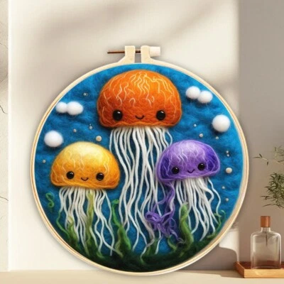 Ocean Wool Needle Felted Jellyfish Whale Fish With Frame,Xmas Gifts For Beginner - Image 1 of 4