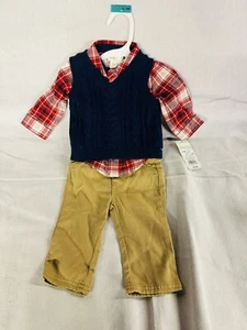 Cat & Jack Boy Button-Down Flannel Shirt, Blue Vest & Khaki Pants Set Size 0-3M - Picture 1 of 4