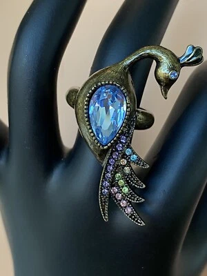 "Anillo exótico boho estrás cristal azul aguamarina pavo real bronce 1,6"" talla 7,5" Foto 1 de 4