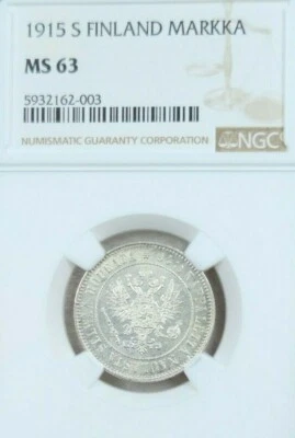 1915 FINLAND SILVER 1 MARKKAA NGC MS 63 GREAT LOOKING COIN - Image 1 of 4