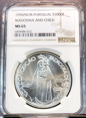 1996 PORTUGAL SILVER 1000 ESCUDOS MADONNA & CHILD NGC MS 65 BEAUTIFUL GEM BU - Image 1 of 3