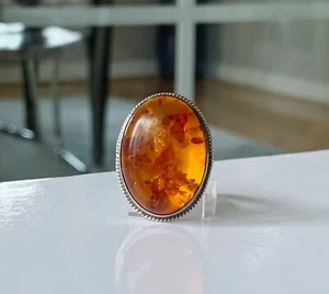 Sterling Silver 925 Baltic Amber Gemstone Ring Solitaire Bead Band - Picture 1 of 15