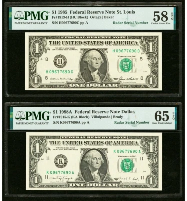 2 $1 1985 & 1988 Matching Radar Serial Numbers Federal Reserve Bank Note Bills - Image 1 of 4
