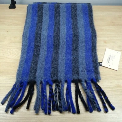 PAUL SMITH Mens Scarf Blue Stripe Cozzy Fuzzy Knit Fringe Hem Logo 11x70 $125 - Image 1 of 4