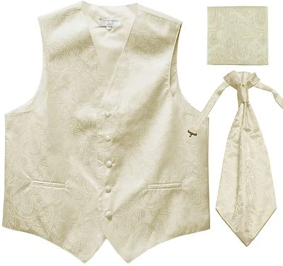 New Men's Paisley Tuxedo Vest Waistcoat & Ascot Cravat & Hankie Wedding Ivory - Image 1 of 3