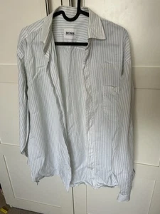 Hugo Boss Men Smart White Shirt Green Strips Size Large Used - Picture 1 of 3
