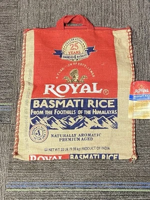 Royal Basmati Rice Bag 20lbs Burlap Handles Zipper Heavy Duty 25th Anniv No Rice - Image 1 of 4