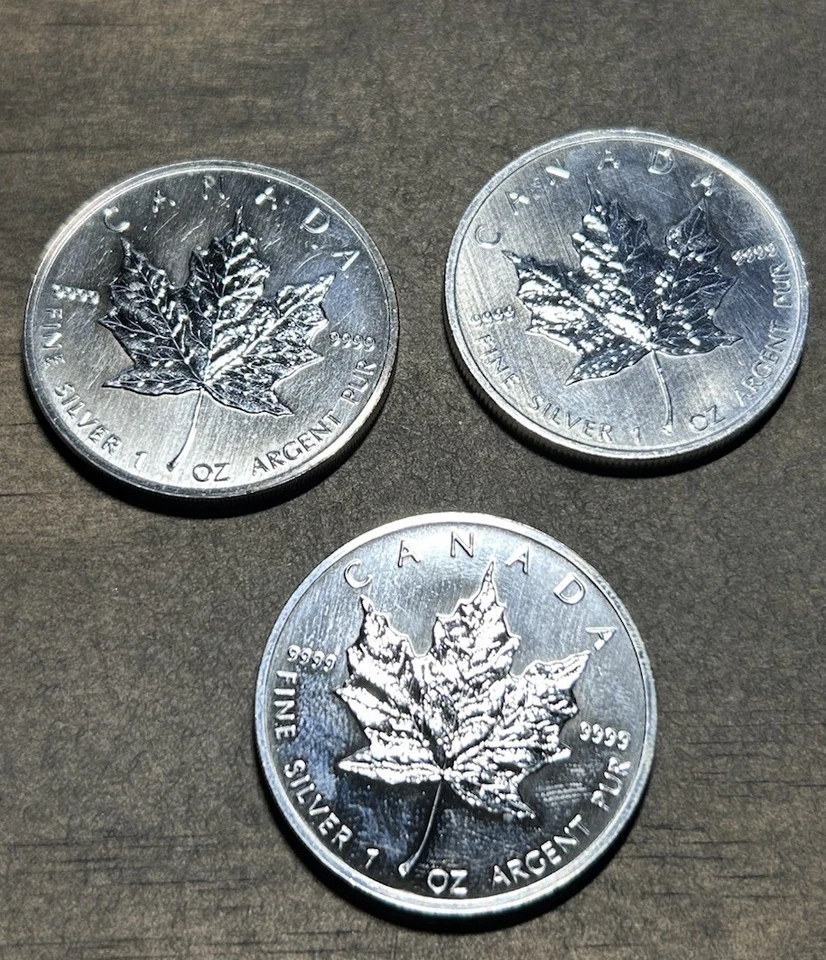Lote de 3 monedas canadienses hoja de arce de plata de 1 oz - 1991, 1994, 2013 Foto 1 de 2