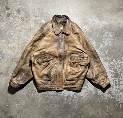 Vintage Leather Parka Coat Men Jacket Brown Worn In 80s / 90s Outerwear Overcoat - Image 1 of 4