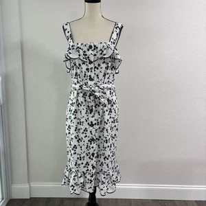 ANN TAYLOR Damen Kleid weiß mit dunkelblau bestickten Blumen Gürtel Gr. L - Bild 1 von 9