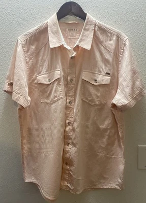 Guess Pink Collared Button Up Short Sleeve Shirt Men's Size XL Cotton Blend - Image 1 of 4