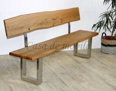 Sitzbank 200cm mit Lehne Wildeiche massiv Baumkante Metallfuß Wildeiche geölt - Bild 1 von 4
