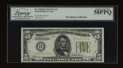 DBR 1934 $5 LGS FRN New York Fr. 1955-Blgs Legacy 58 PPQ Serial B03459474A - Image 1 of 2