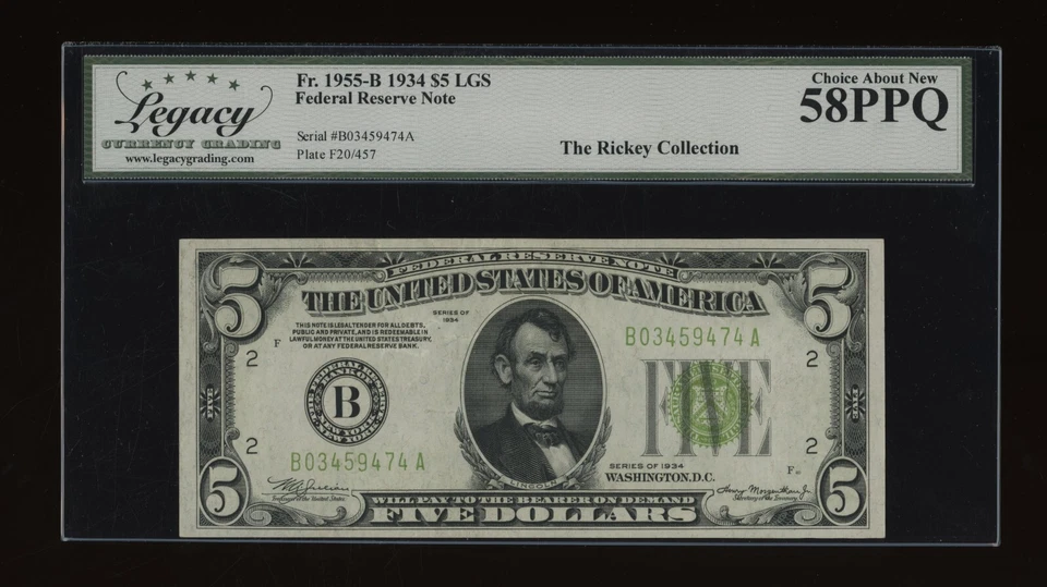DBR 1934 $5 LGS FRN New York Fr. 1955-Blgs Legacy 58 PPQ Serial B03459474A - Image 1 of 2