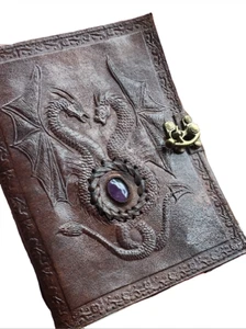Dragon -Amethyst Stone- Leather Journal | Grimoire 240 Vintage pages | Handmade - Picture 1 of 3